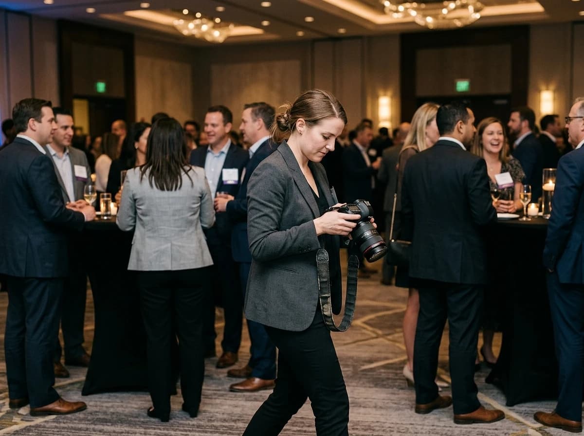 Professional event photographer reviewing camera settings while moving through a celebration