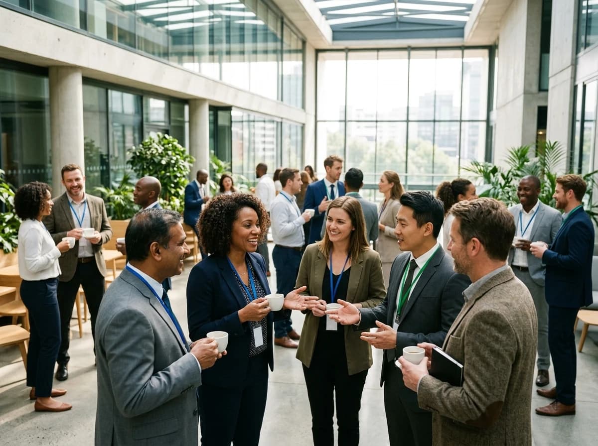 Attendees conversing warmly during a networking break at an international conference