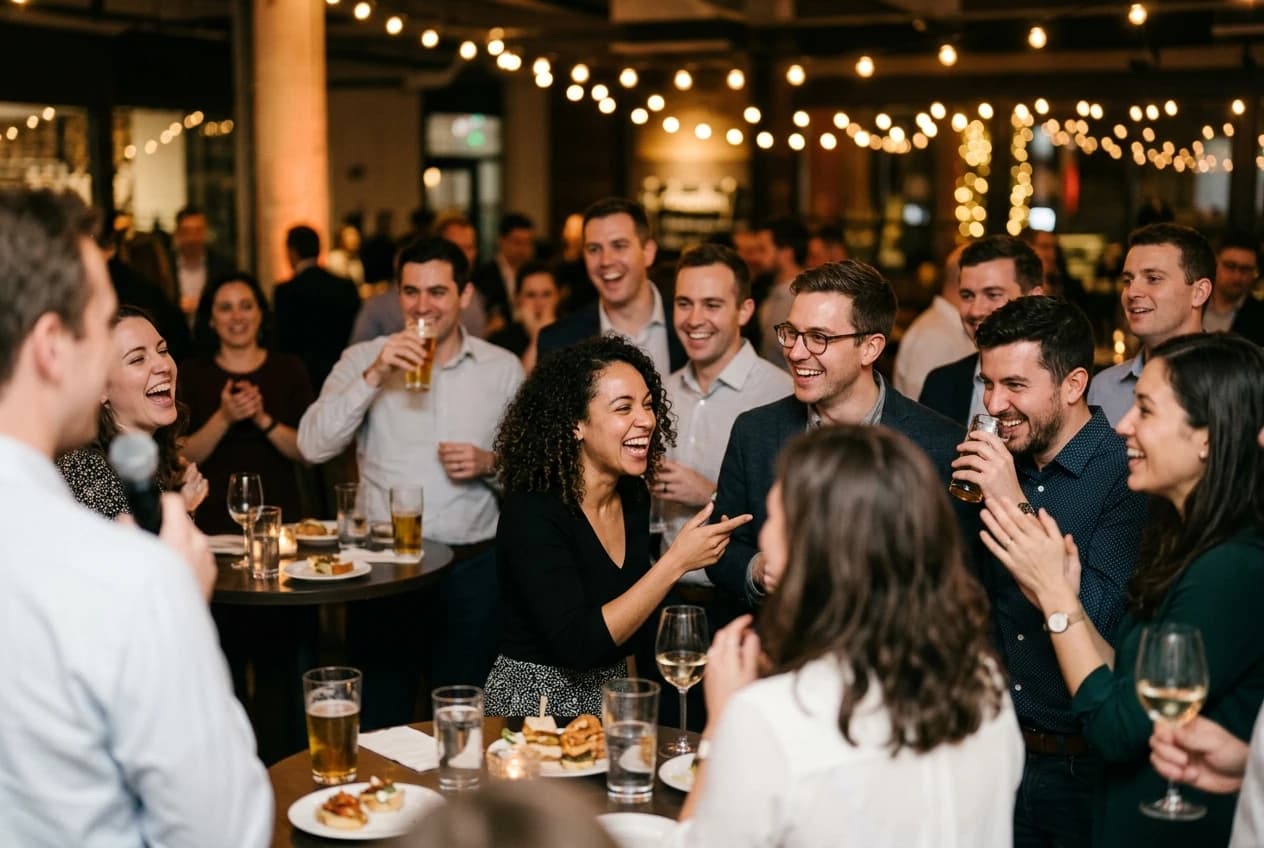 Colleagues laughing together during an evening company celebration