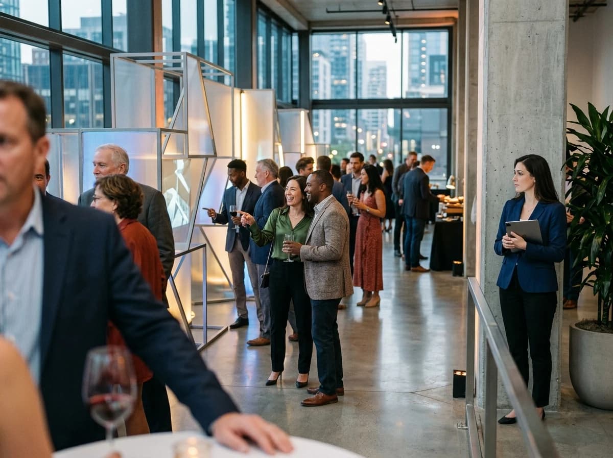 Guests exploring an installation at a modern brand experience reception