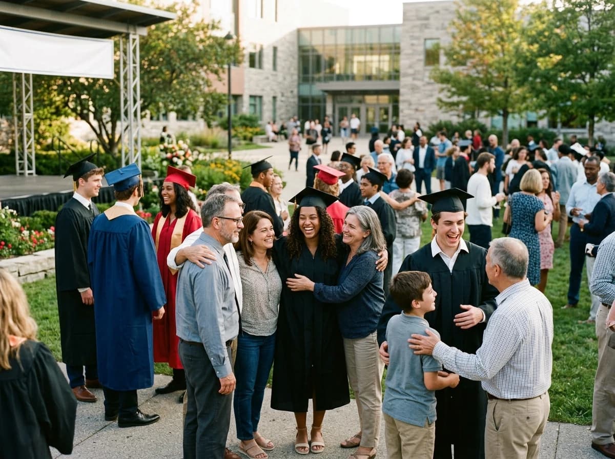 Graduates embracing family members after an outdoor graduation ceremony