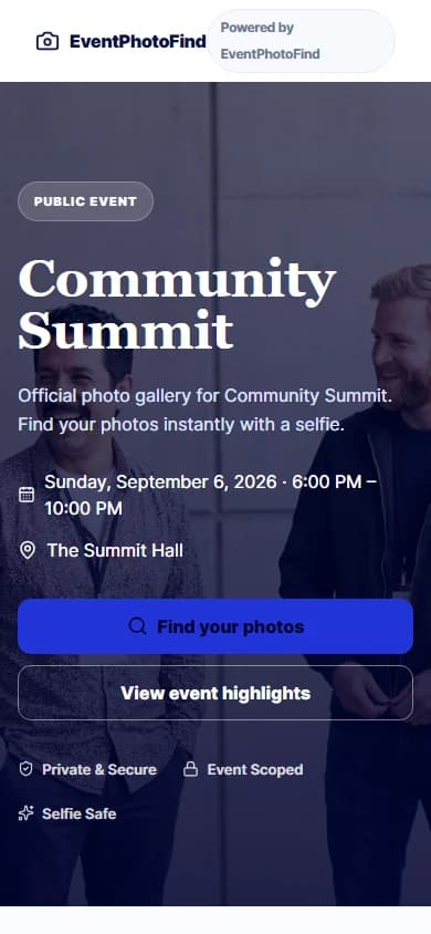 Public event page on a phone with the selfie-search entry point
