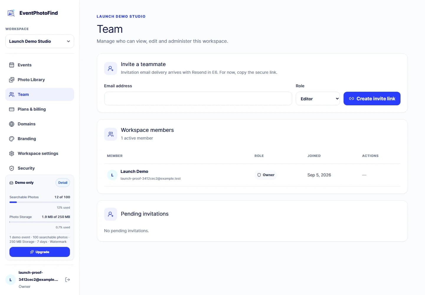 Workspace team management screen and role-based invitation controls
