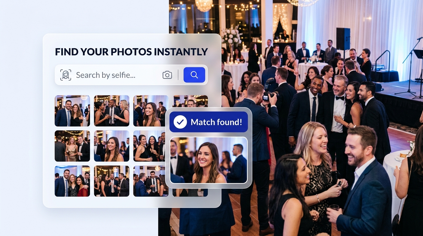 AI-powered photo search interface showing matched event photos
